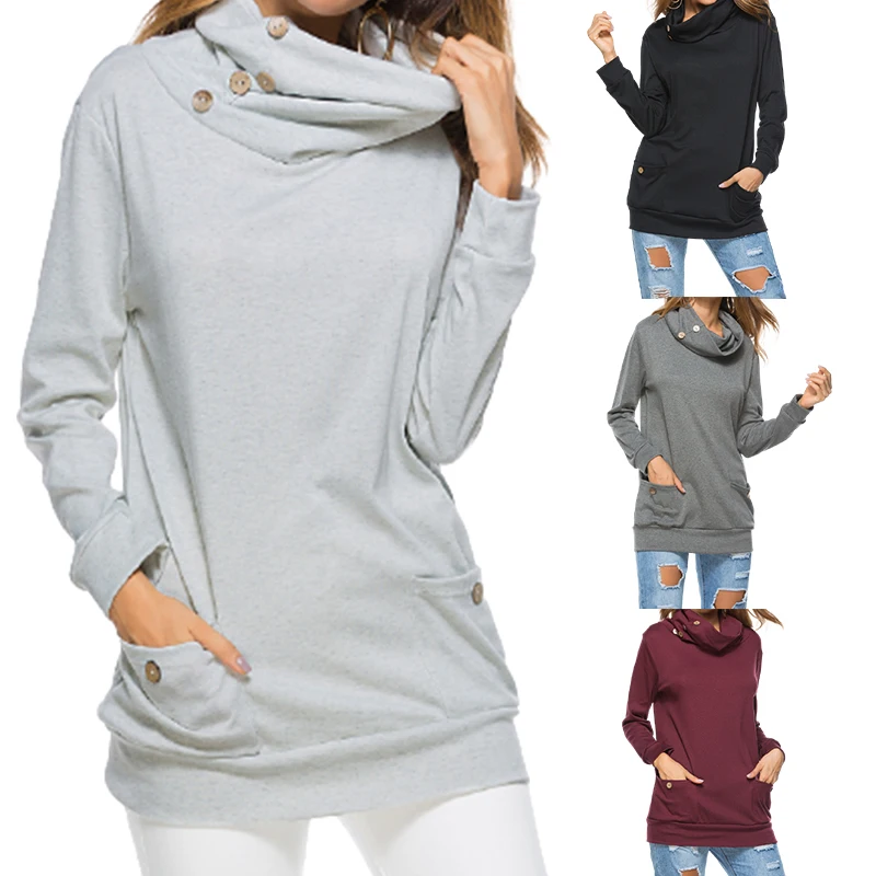 

Turtleneck Pullover Sweatshirt With Side Buttons Pocket Elegant Hoodie Casual Wear Poleron 2021 Women Thin Hoodie Tunic Big Size