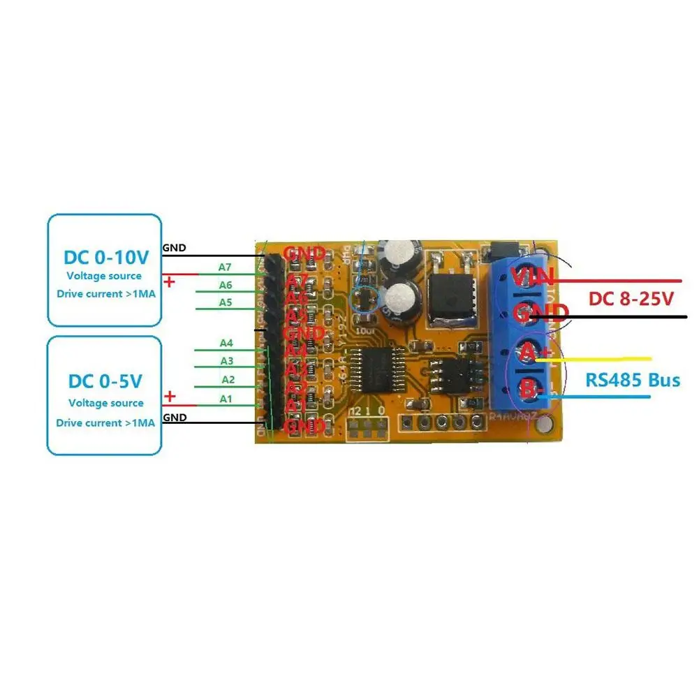 Аналоговый коллектор напряжения R4AVA07 7 каналов RS485 ADC Modbus RTU 03 06 функциональный код