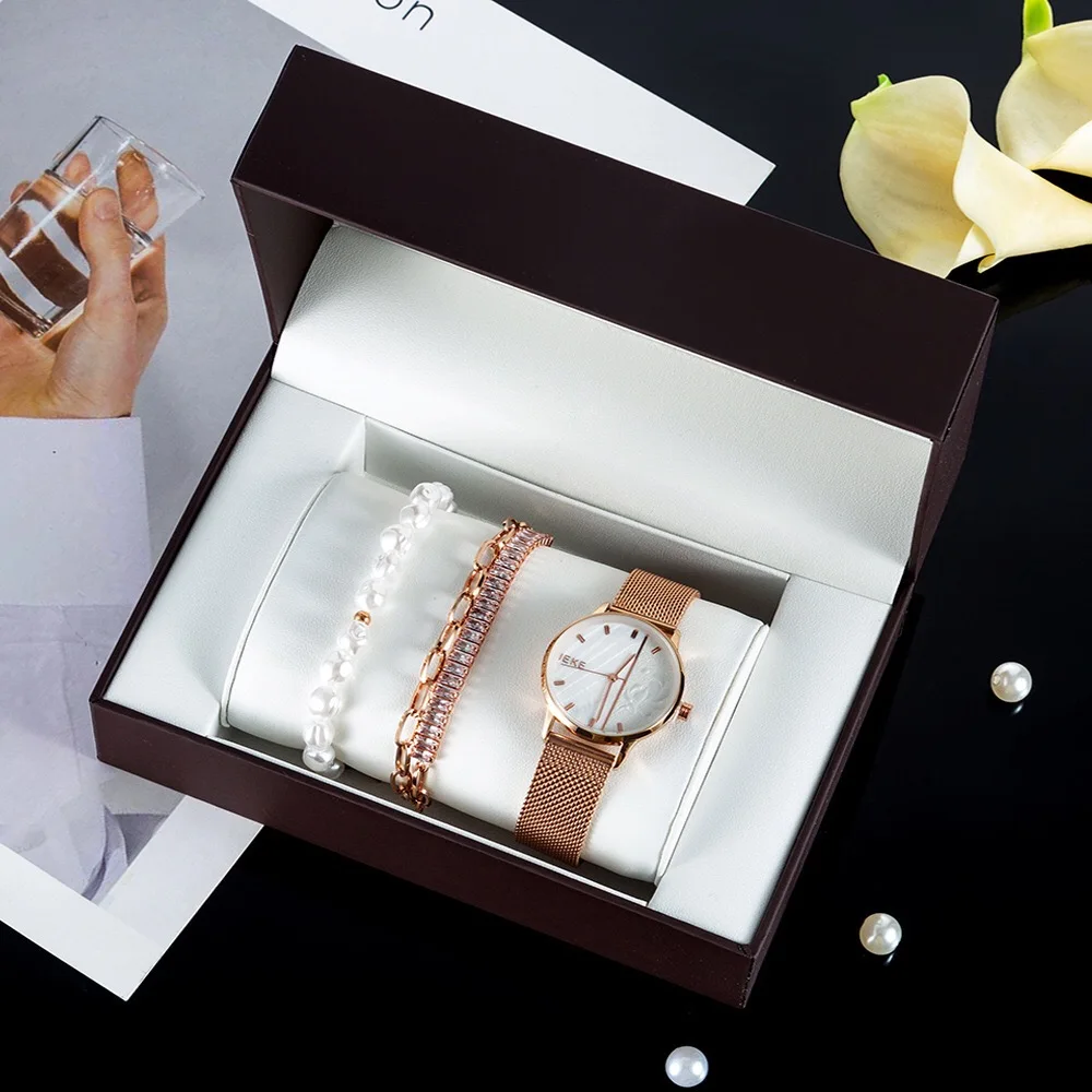 Fashion Women's Watch Bracelets Set Simple Mesh Strap Quartz Watch Steel and Pearl Bracelet With Gift Box For Girl's Ladies's