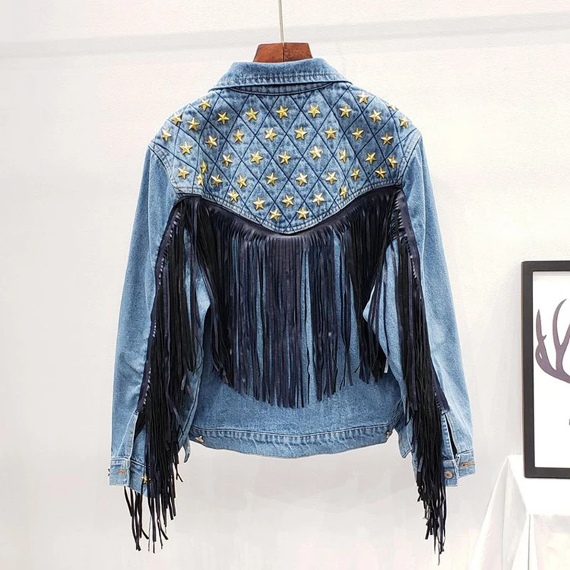 

Fashion Beaded Star Denim Jacket Women Loose Top Tassel Stitching Denim Jacket Jeans High Quality Harajuku Single-Breasted Coat