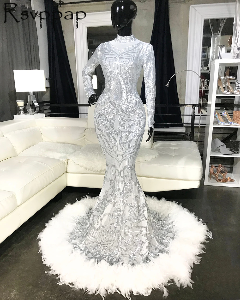 

African Girl Long Sleeve Mermaid Prom Dresses 2021 Stunnig Sparkly Sequin High Neck White Feathers Silver Long Prom Dress
