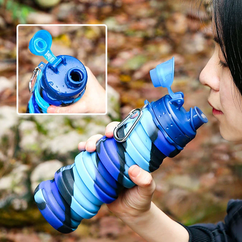 500ML Sports Water Bottle Bpa Free Collapsible Portable Leak-Proof Silicone Travel Cup with Lid for Running Hiking Water Bottles