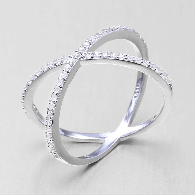 Модное кольцо в форме х для женщин с кристаллами серебристого цвета обручальные