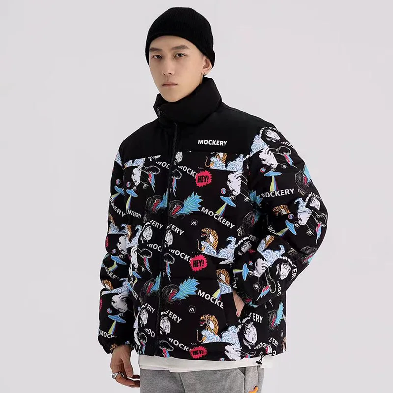 Aolamegs Winter Jacket Men Parkas Tiger Japanese Comics Anime Patchwork Hip Hop Fashion Thick Warm Zipper Coat Couple Streetwear