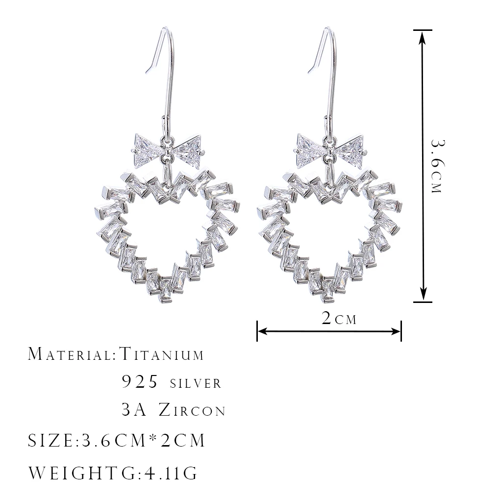 

ONYSS 2021 New Fashion Women Beautiful Heart Shape Jewelry Earring Trend CZ Zircon 925 Sterling Silver Pendants Earring