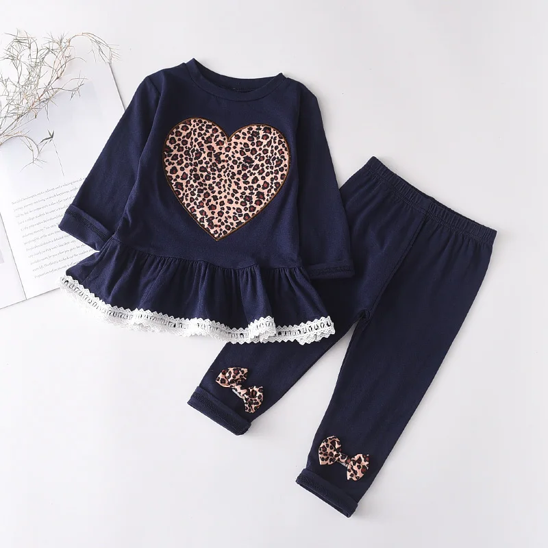 

Menoea 3-7Y Girls Clothes Sets 2020 New Style Children Leopard Print Love Lace Long-Sleeved Tops Trousers Pants Winter Suits