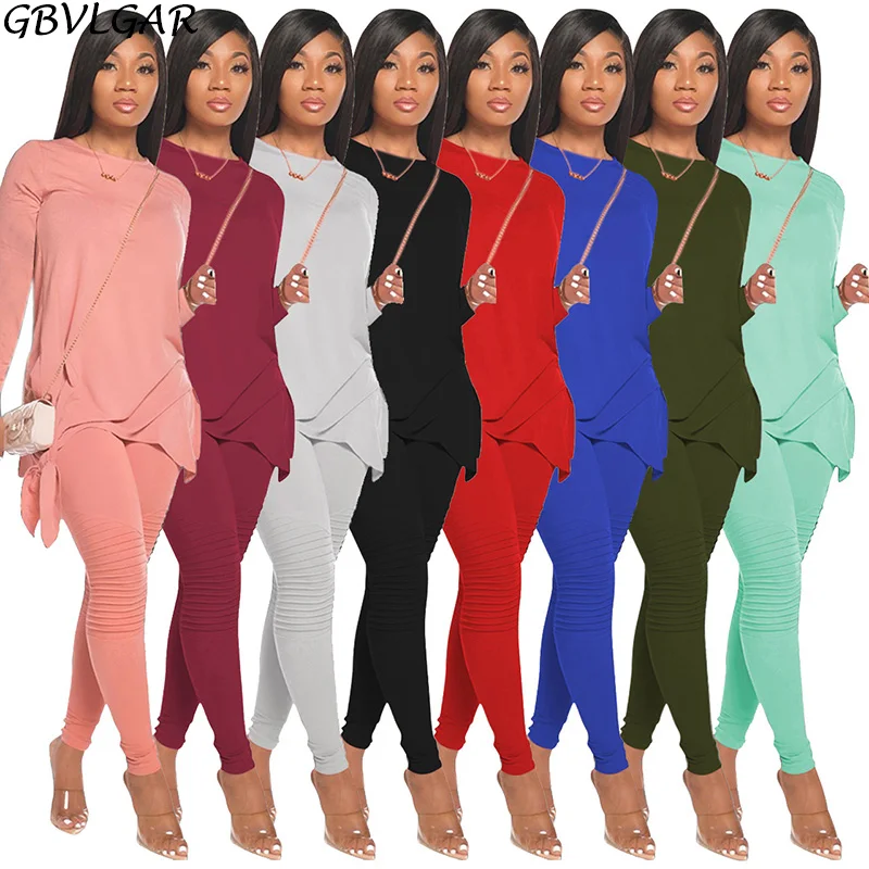 

Women Autumn New Casual Female's O-Neck Full Sleeve Tees Skinny Pleated Leggings Sets Lady Solid Color Bowknot Two Piece Sets