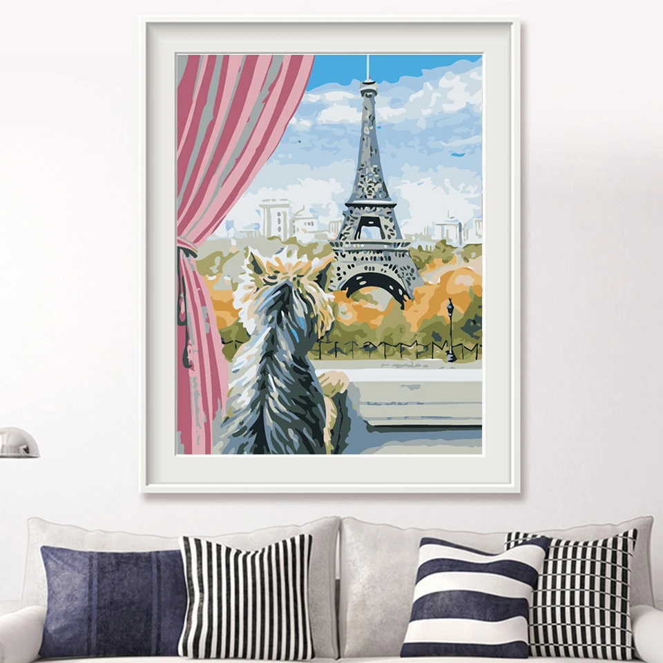 Раскраска по номерам AZQSD сделай сам собака в Париже уникальный подарок живопись