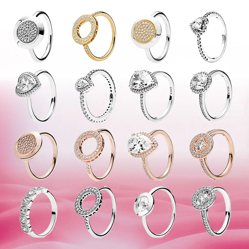 

New Style Is Suitable For Pandora Original 100% 925 Sterling Silver Pan Ring With Logo Rose Gold Love Elegant Large Zircon Ring