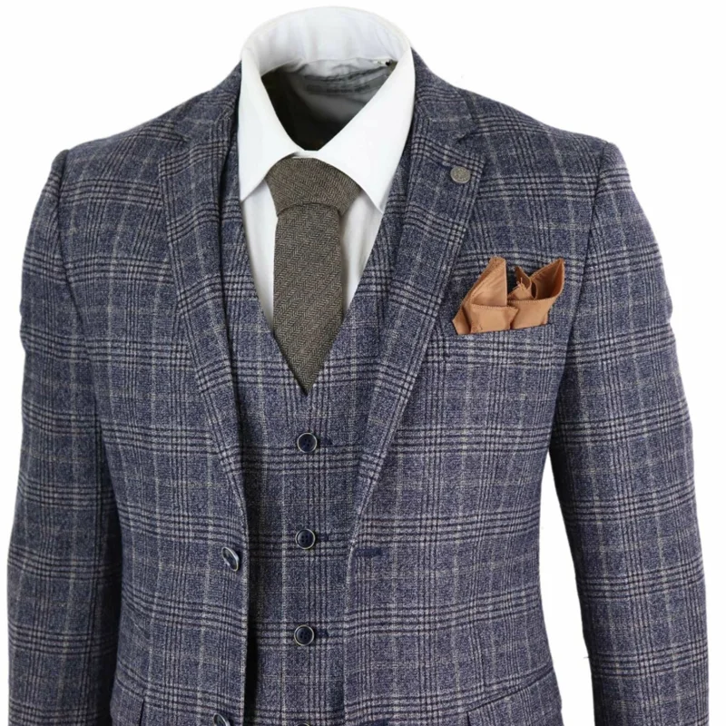 Мужской твидовый костюм в стиле 1920 х годов серо синий винтажный из 3