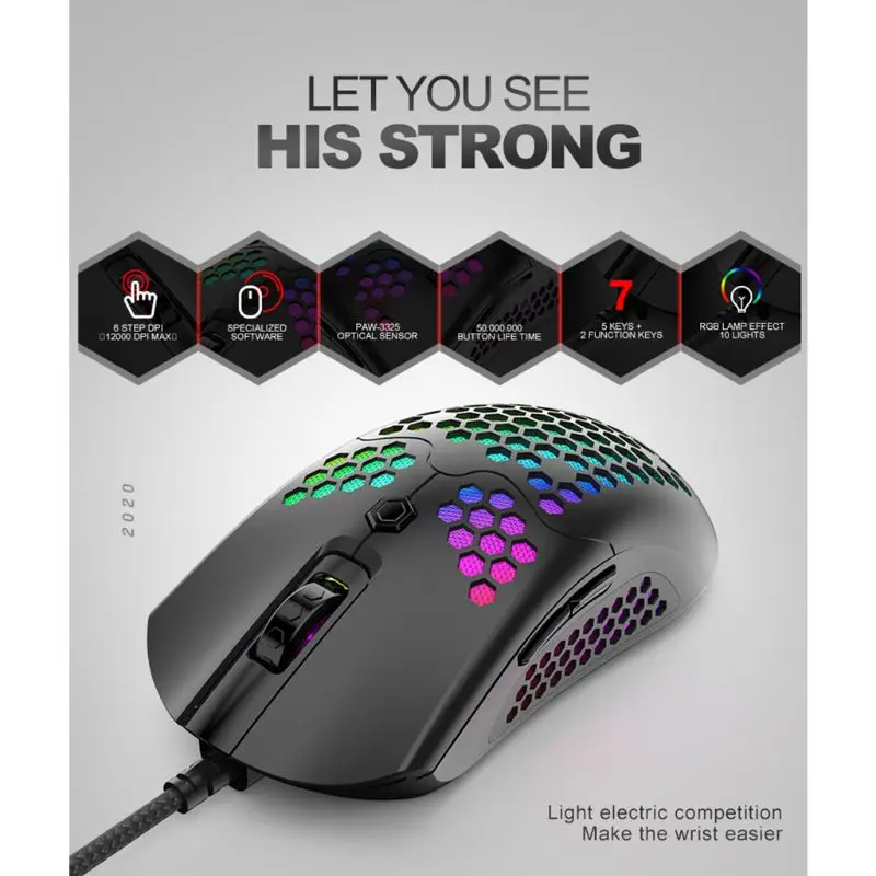 

M5 Hollow-out Honeycomb Shell Gaming Mouse Colorful RGB Backlit Light Wired Mice with 7 Buttons for Game Lovers