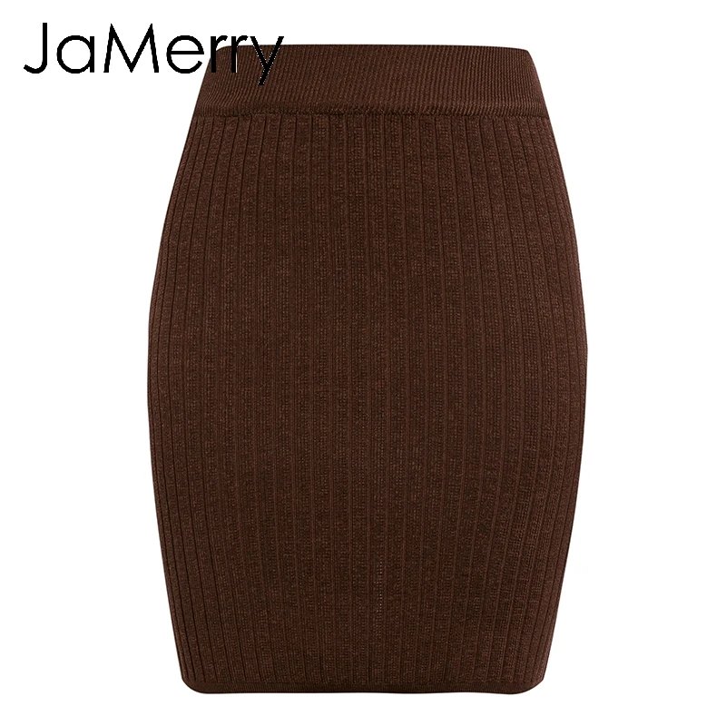 Coffee JaMerry/Винтажные женские юбки с эластичным поясом; сезон осень-зима; теплая трикотажная прямая юбка в рубчик; однотонная короткая мини-праздничная одежда юбка - Цвет: Coffee