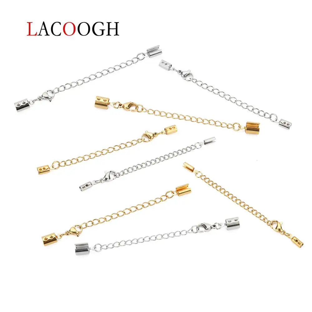 

5Sets/lot Stainless Steel Chain Lobster Clasps Leather Rope Crimp End Cap Extend Chain Connects For DIY Jewelry Making Findings