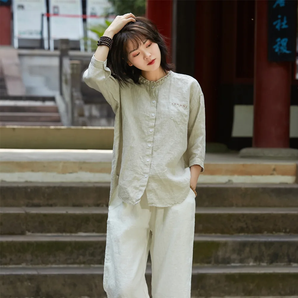 

Summer Japanese cotton and linen shirt stand-up collar three-quarter sleeves loose large size sun protection top women