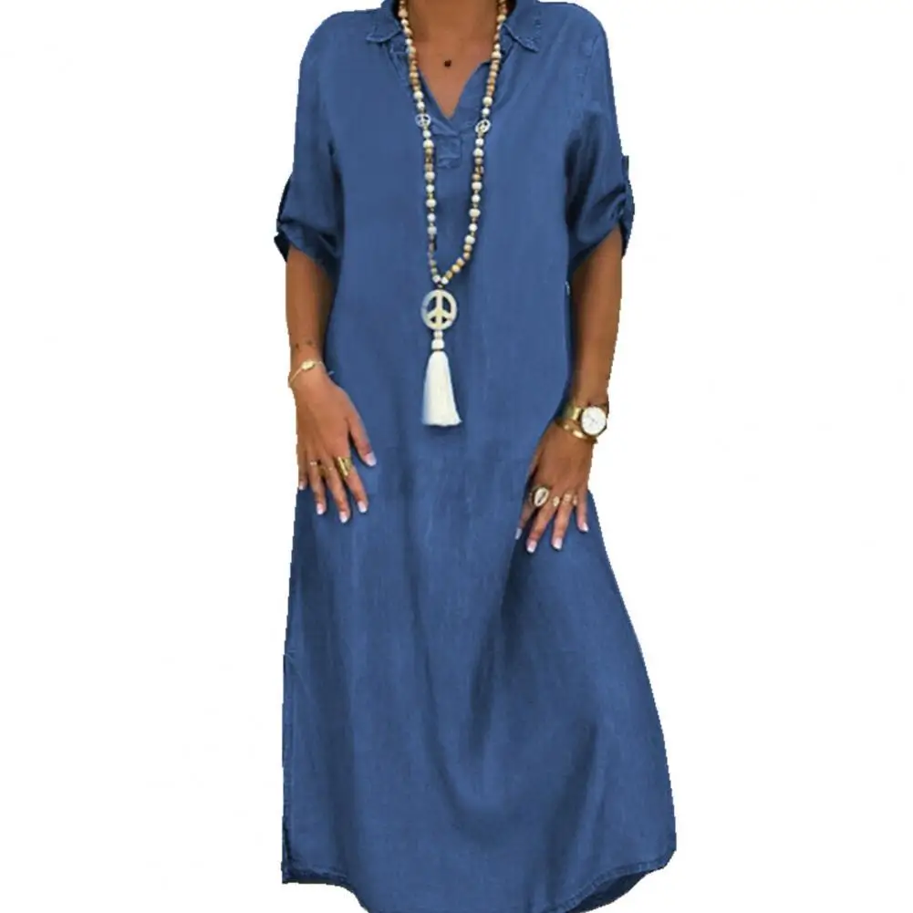 

Hot Sales Women Half Sleeve Side Slitting Hem V-neck Loose Long Denim Dress Streetwear for Daily Life