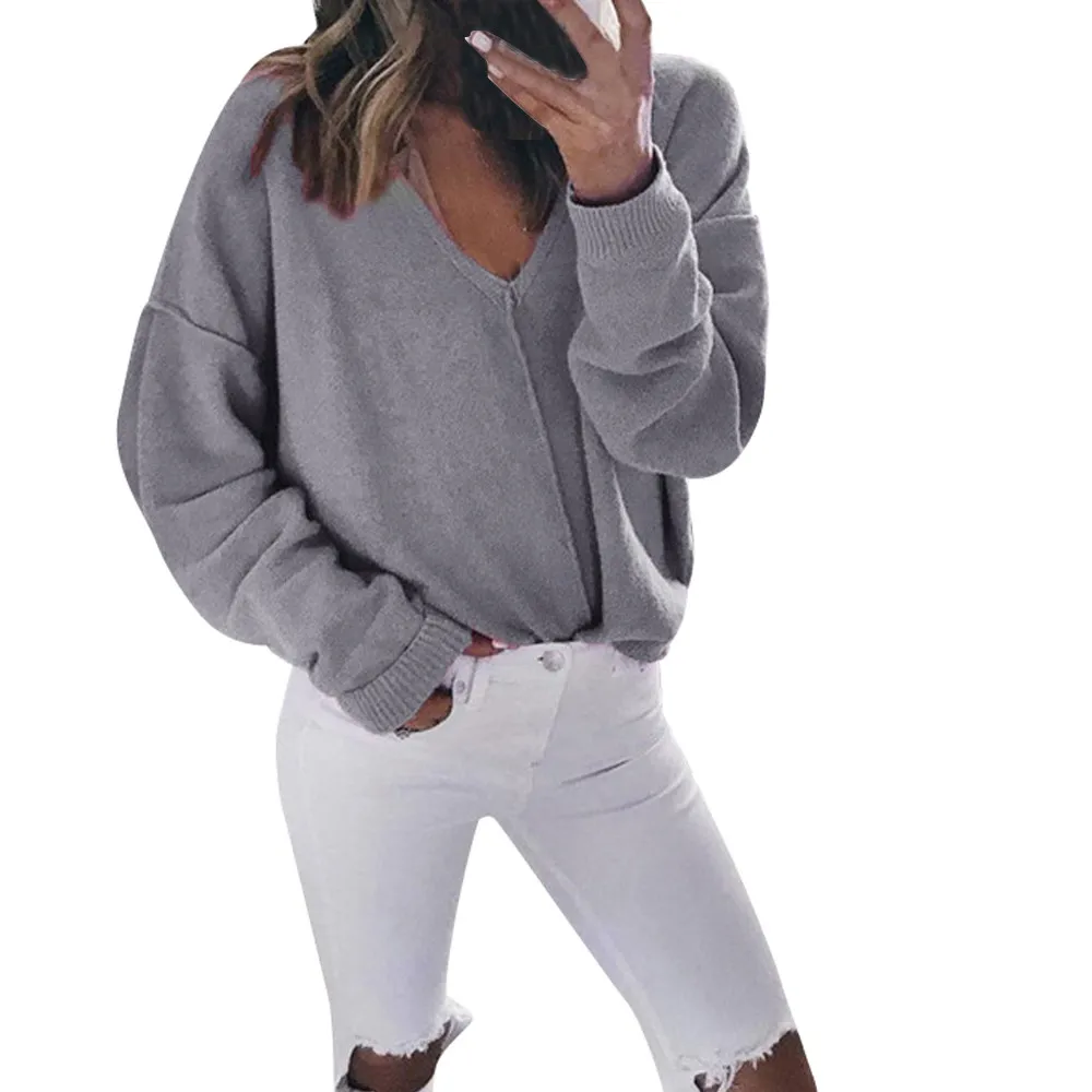 

Fashion Slim Femme Elasticity Pullovers Women Casual Deep V Neck Knitted Sweater Jumper Tops Long Sleeve Pullover#15