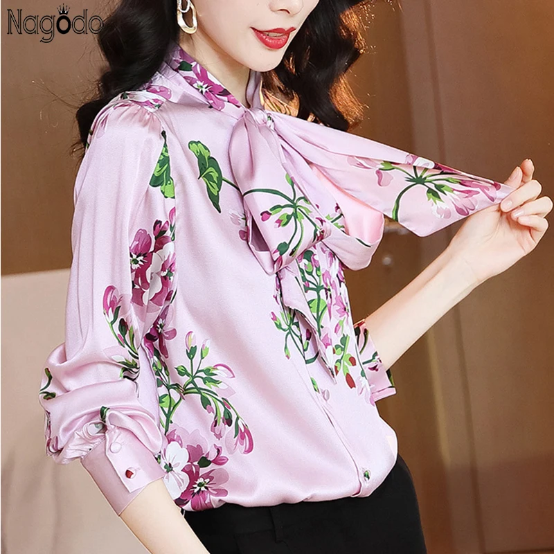 

Nagodo Pink Silk Women Shirts 2020 Elegant Bow Collar Office Lady Tops and Blouses Plus Size Floral Long Sleeve Haut Femme