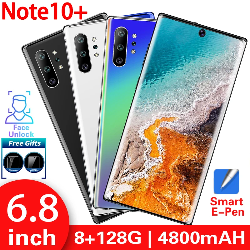

Global Versio Note10+ Android 9.1 8GB+128GB MTK6580 Cellphones 6.8" Full Screen 4800mAh 8MP+16MP Face Recognition Handphone