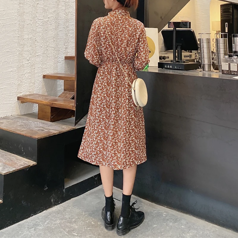 

Fashion Bohemian Floral Women Dress Elegant Stand Neck Butterfly Sleeve Elastic Waist Beach Spring Autumn Female Dresses W162