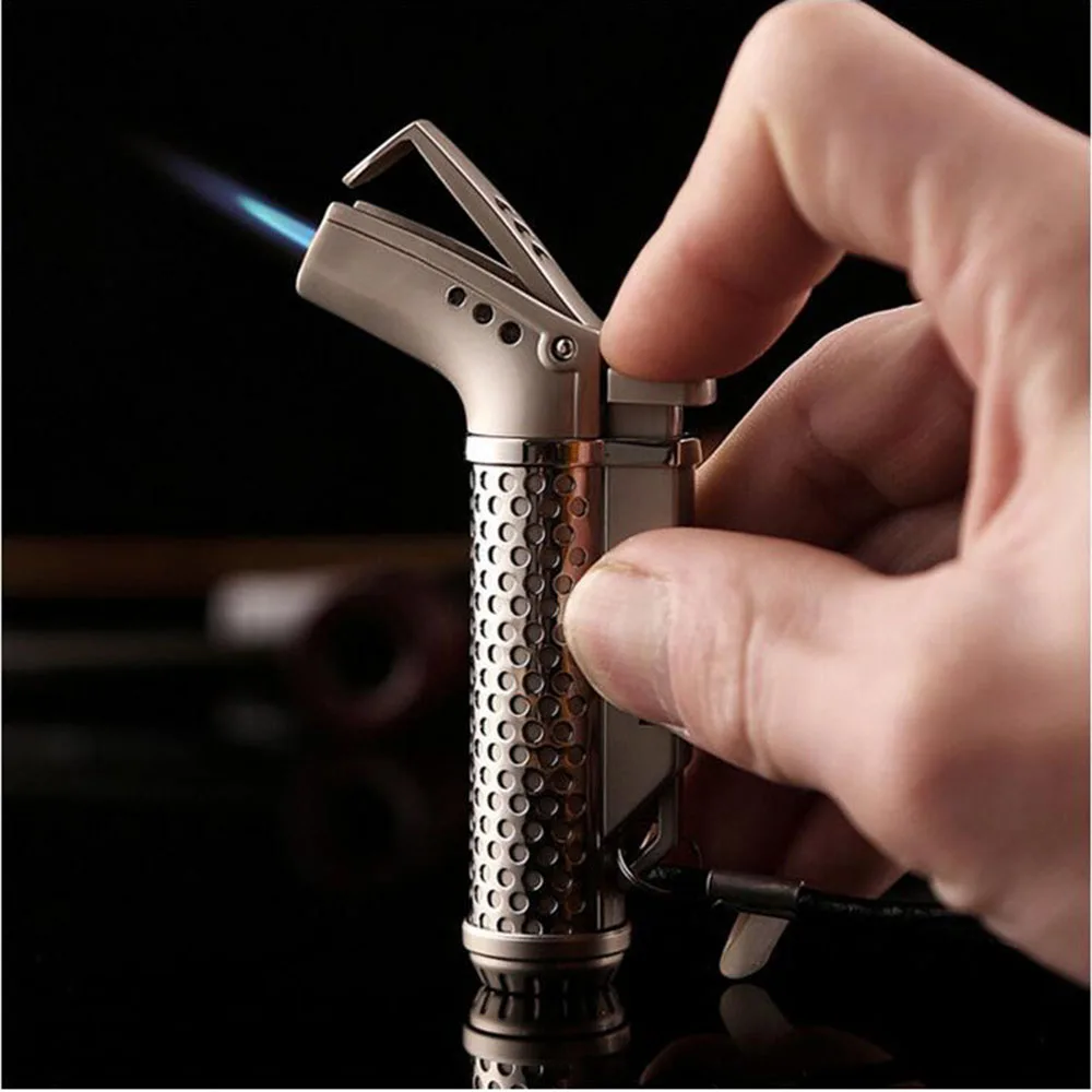 

HONEST Windproof Outdoor Portable Stainless Steel Butane Jet Lighter Turbine Flashlight Lighter Key Ring No Gas Smoking Set
