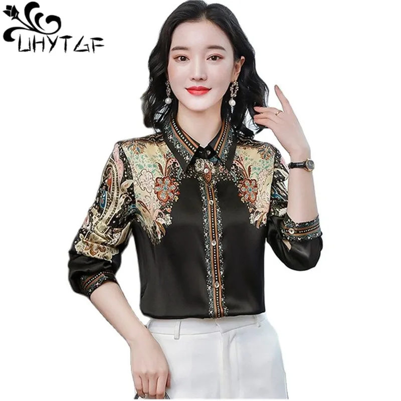 UHYTGF High-End Satin Silk Shirt Women Tops Blouses Fashion Print Long Sleeves Spring Shirt Female Lapel Vintage Loose Size 1469
