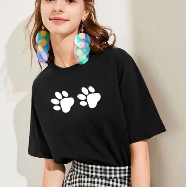 

Funny Cute Dog Paw Printed Tee Shirt Femme O-neck Short Sleeve Cotton Tshirt Women Black White Summer Loose T Shirts Women Tops