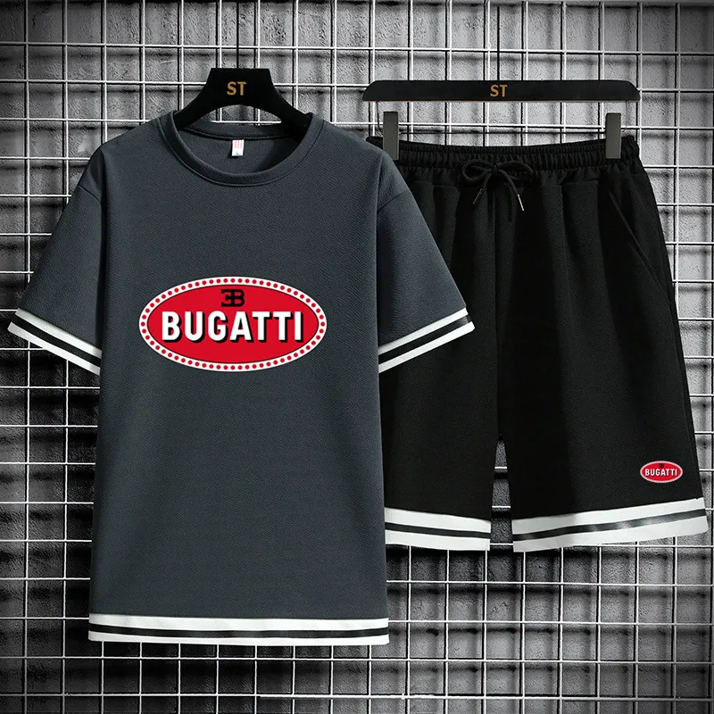 

2021 new BUGATTI car LOGO men's short-sleeved hot sale printed T-shirt sports and leisure suit short-sleeve summer 2-piece set