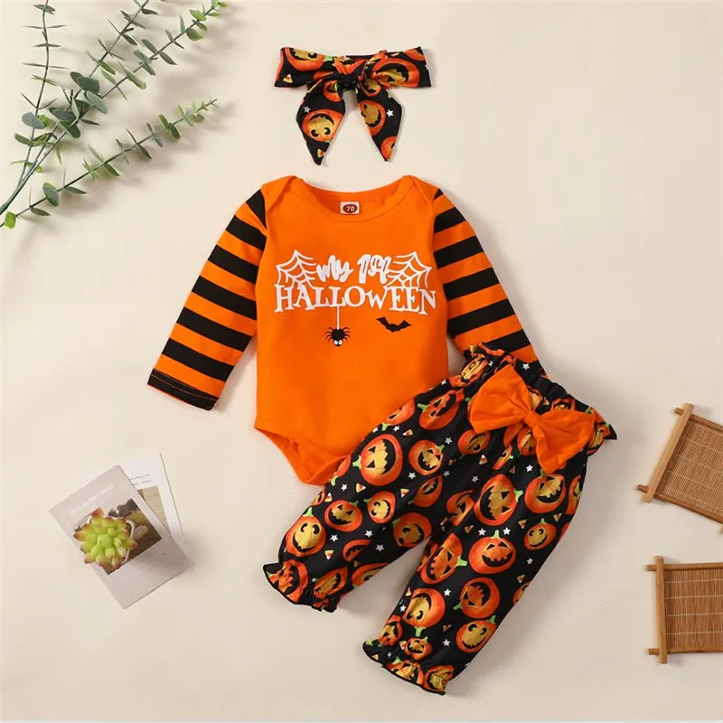 

0-24M Halloween Outfit Baby Girl\u2019s Tops and Trousers Suit Fashion Letter Romper Pumpkin Print Long Pants with Headband