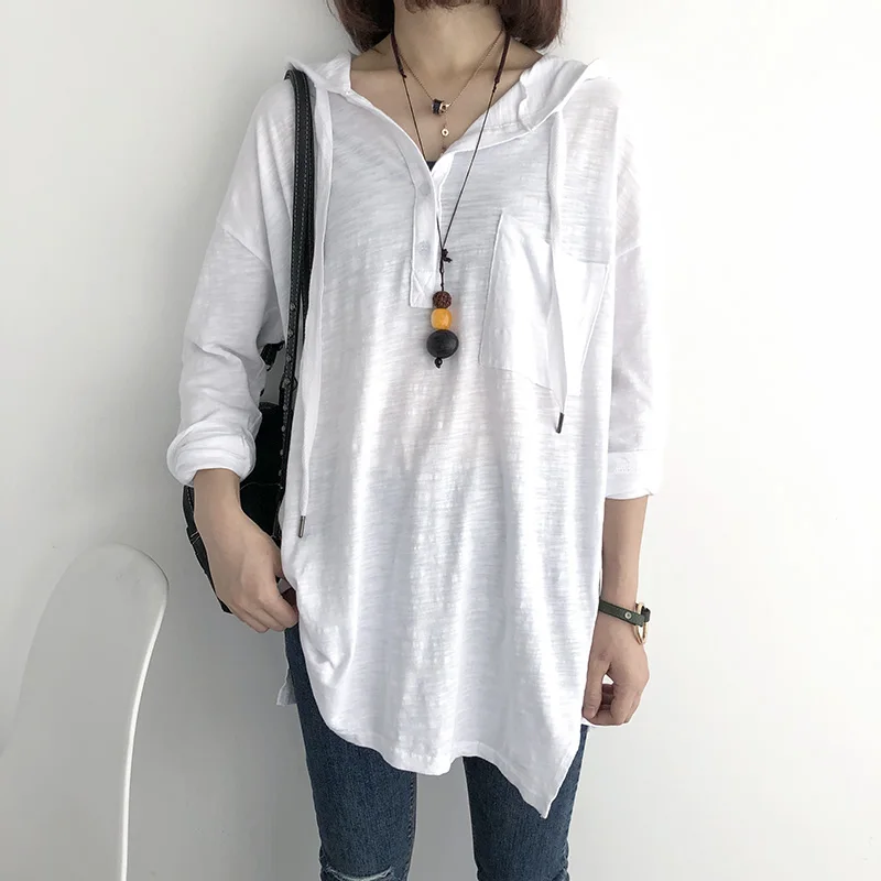 

Slub Cotton T-shirt 2021spring Casual Loose Medium and Long Hooded Literary Women's Korean Version of The Wild Long-sleeved Top