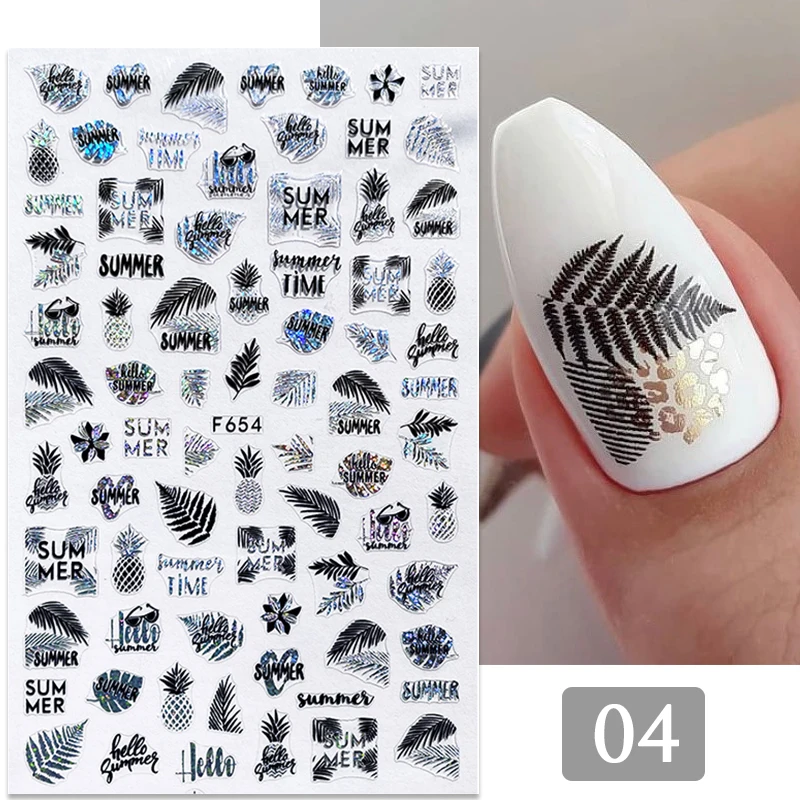 2021 New Black White 3D Nail Sticker Summer Leaves Tree Geometric Lines Pattern Adhesive Transfer Sticker DIY Nail Decoration