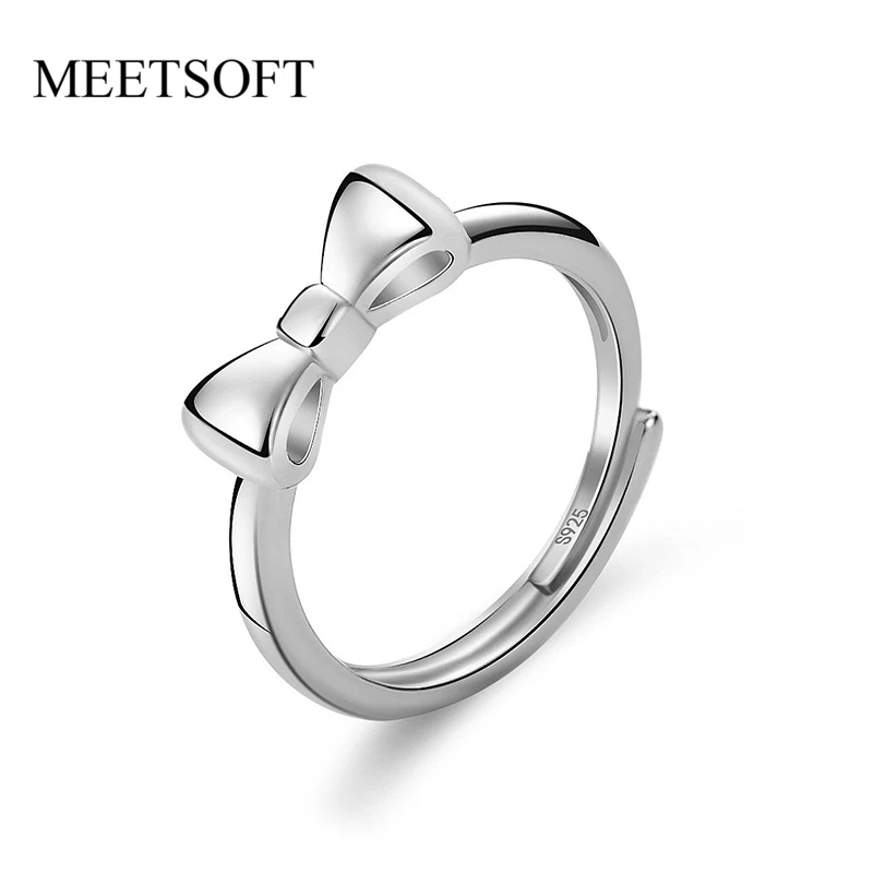 

MEETSOFT Trendy 925 Sterling Silver Minimalist Bowknot Zircon 18K Gold Opening Ring for Women Lovely Fine Jewelry Drop Shipping