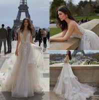 2022 new backless wedding dresses v neck appliqued bridal gowns custom vestido de novia sweep train castle cheap