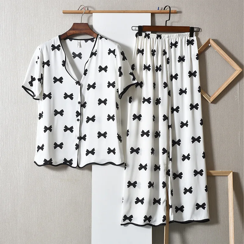 

White Print Shirt&Pants Women New Pajamas Set Short Sleeve 2PCS Sleepwear Loose Pijamas Suit Casual Nightwear Trousers Suit