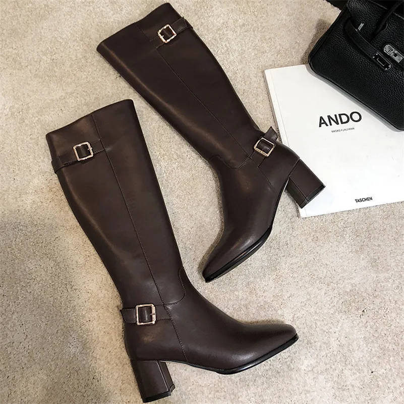 

ANNYMOLI Buckle Real Leather High Heel Long Boots Knee High Boots Women Shoes Square Toe Block Heels Zip Ladies Boots Black 40