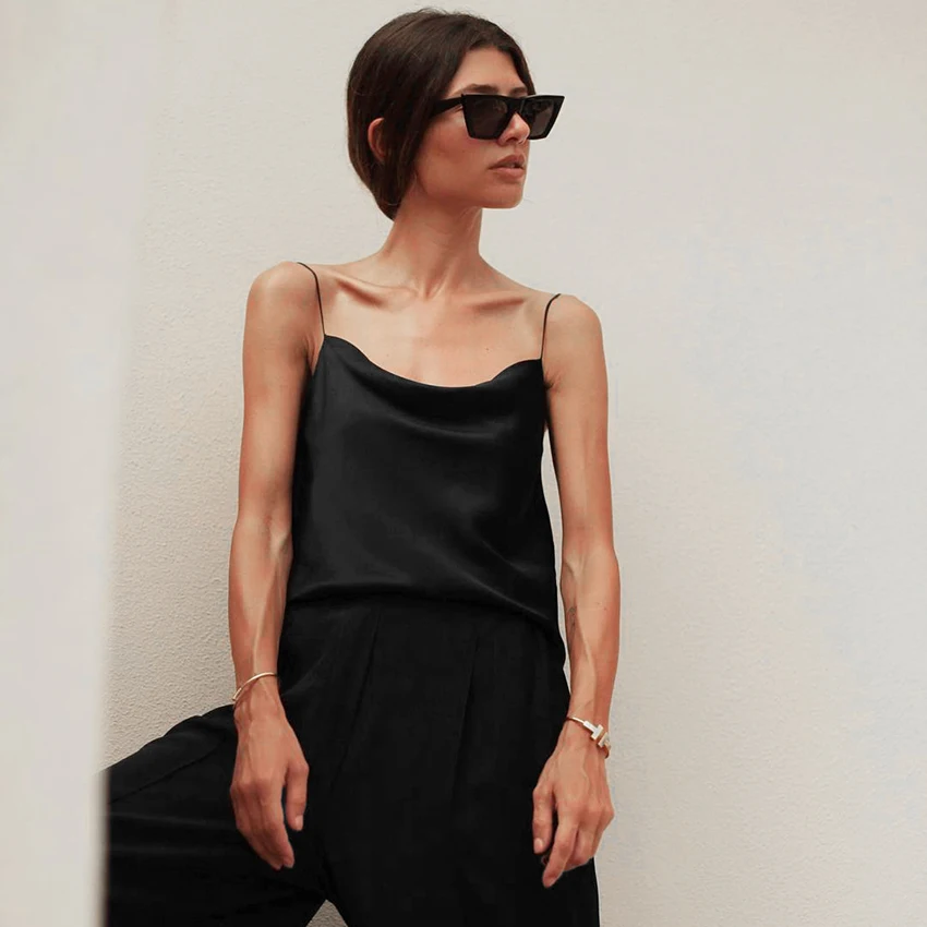 

Women Elegant Satin Solid Color Cami Tops Sexy Club Draped Spaghetti Strap Camis 2021 Ladies Spring Summer Sleeveless Camisole