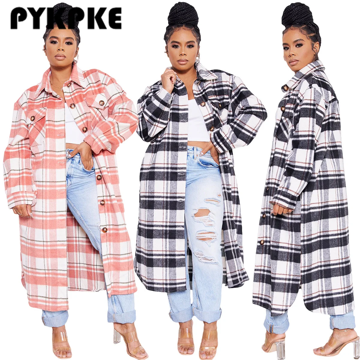 

Женское модное длинное пальто в клетку, Осенняя шерстяная рубашка, пальто, уличная одежда, Женская свободная повседневная куртка