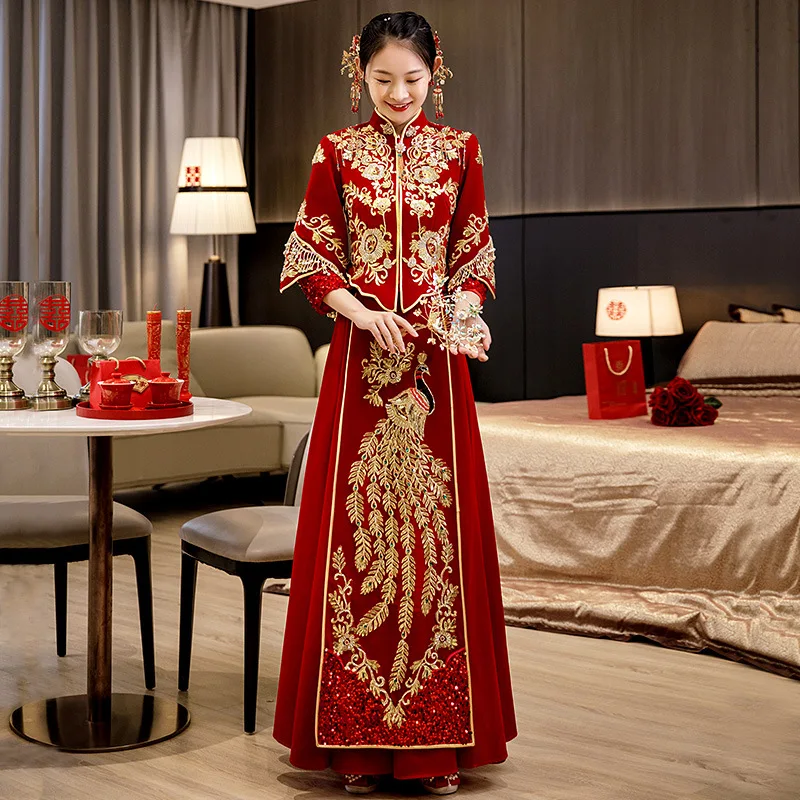 Winter Traditional Exquisite Beading Peacock Floral Embroidery Tassel Bride Groom Wedding Dress Marry Cheongsam Свадебное платье