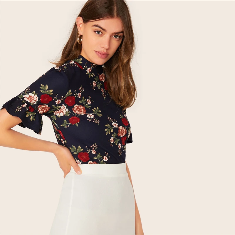SHEIN abaya/темно-синяя гофрированная манжета с круглым вырезом, футболка с цветочным принтом, топ, женский летний рукав-Волан женские, облегающие элегантные футболки, топы