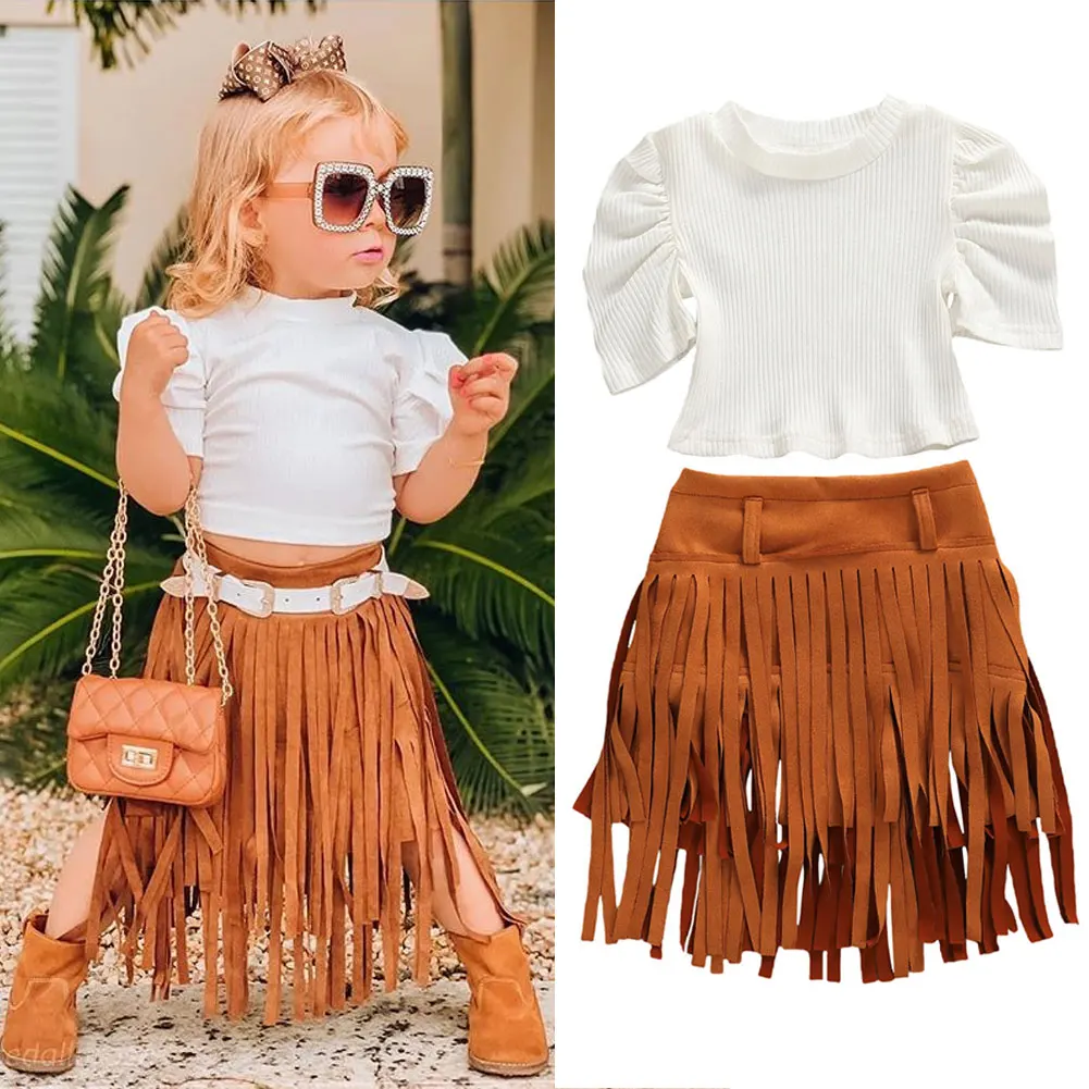 

Imcute Baby Girls Summer Clothes Short Sleeve Knitted Tops T-shirts + Tassel Skirt Fashion Outfits Set