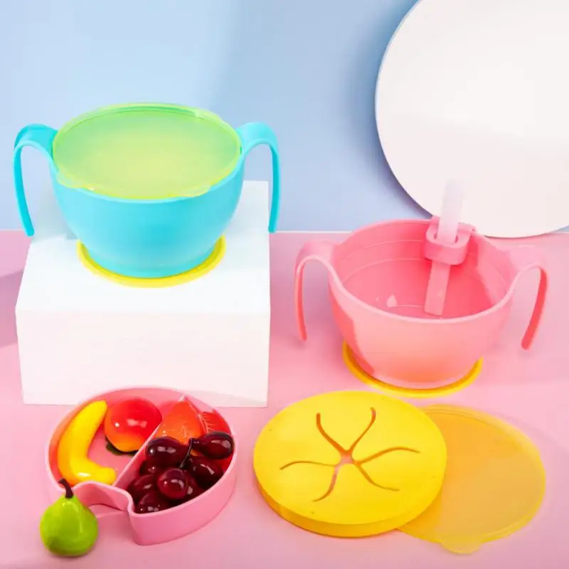 

Round Double Handle Straw Children Snack Bowl 4 In 1 Sucker Bowl Complementary Food Bowl Multi Purpose Bowl Baby Drink Soup Bowl