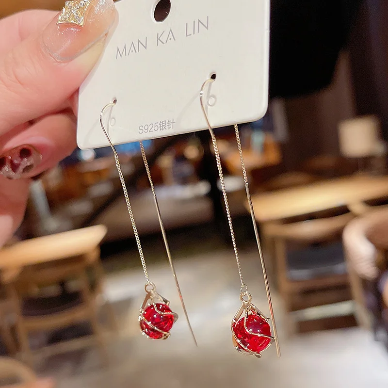 

Red opal women's earrings tassel long fashion accessories temperament all-match opal earrings for mother gift earrings