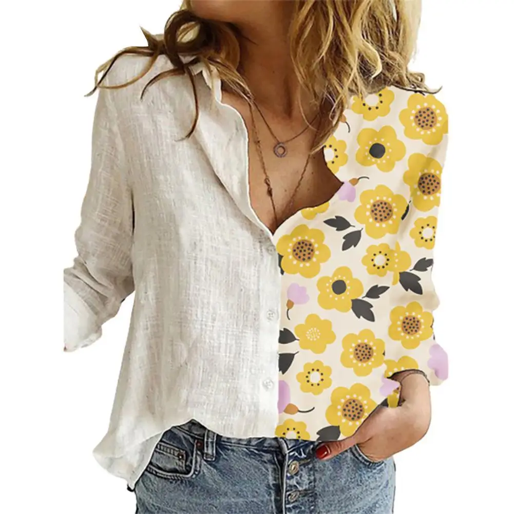 

Spring Summer Shirt Fashion Women Buttons Long Sleeve Sunflower Cats Patchwork Blouses Office Lady Shirt Jacket Coat