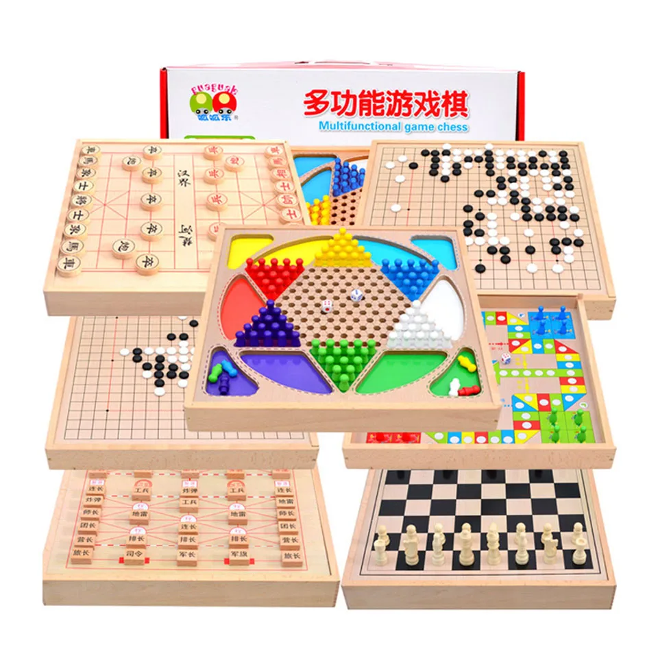 7 in 1 Wooden Chess Set Chess Game Checkers Go Game Chinese 