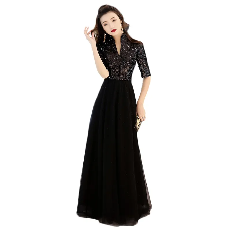 Черные вечерние платье темперамент Queen Белый блесток размера плюс длина до пола