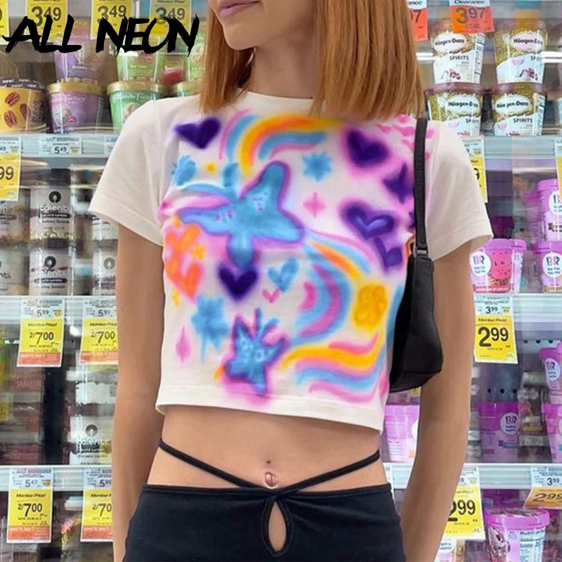 

ALLNeon 2000s Aesthetics Kawaii Colorful Graphic Baby Tee Y2K Streetwear Cute Butterfly Print O-neck Short Sleeve Crop Top White