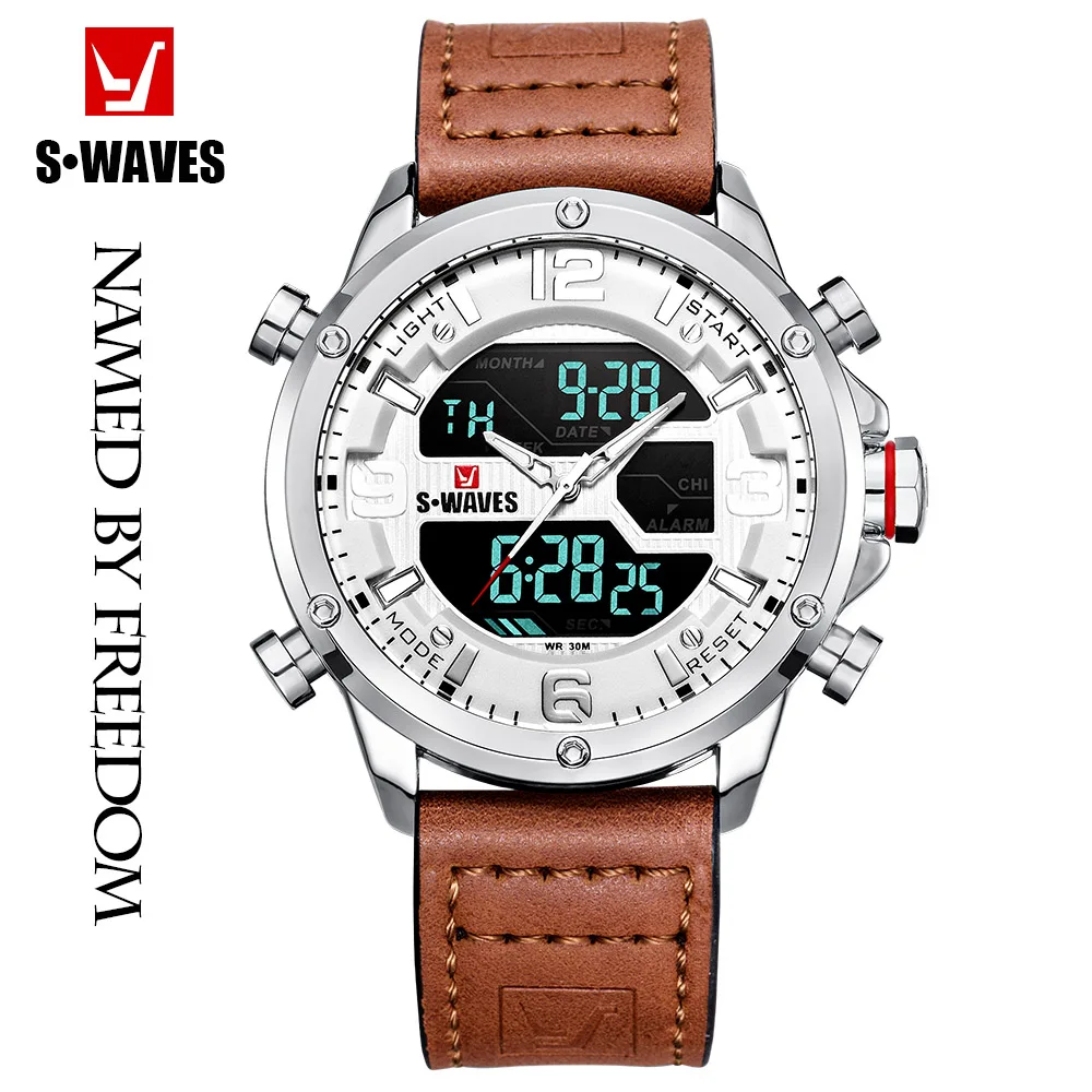 Кожаные мужские часы 2019 с двойным дисплеем повседневные кварцевые ЖК