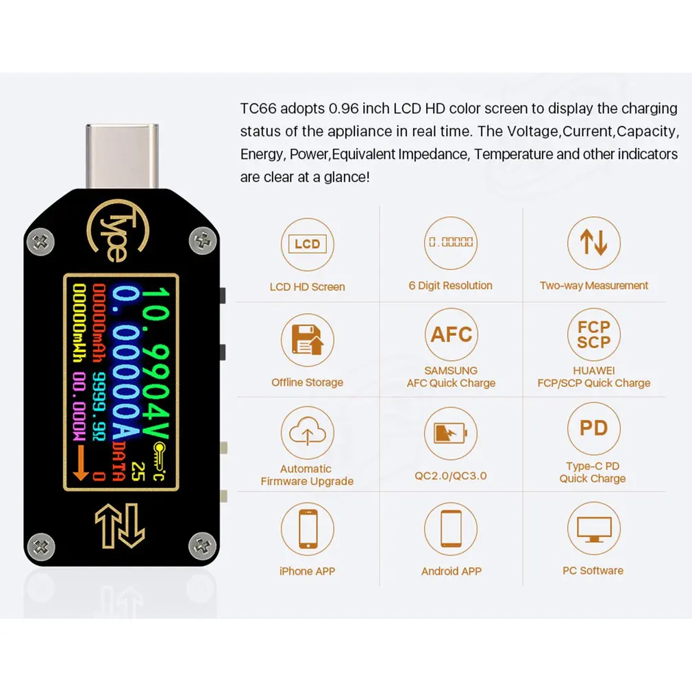 TC66 USB Tester PD Trigger Power Meter Type-C Voltage Current Tester Multimeter Ammeter Voltmeter Color LCD Display