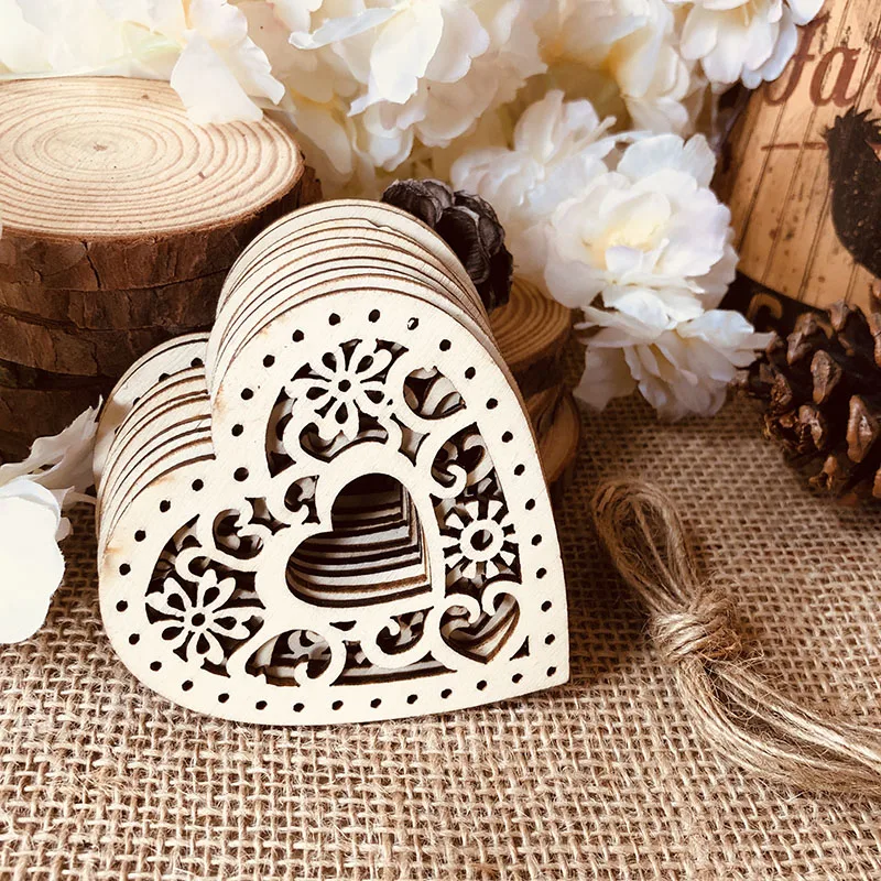 10 шт. подарочные бирки выдолбленные деревянные Сердечки С пеньковой струной