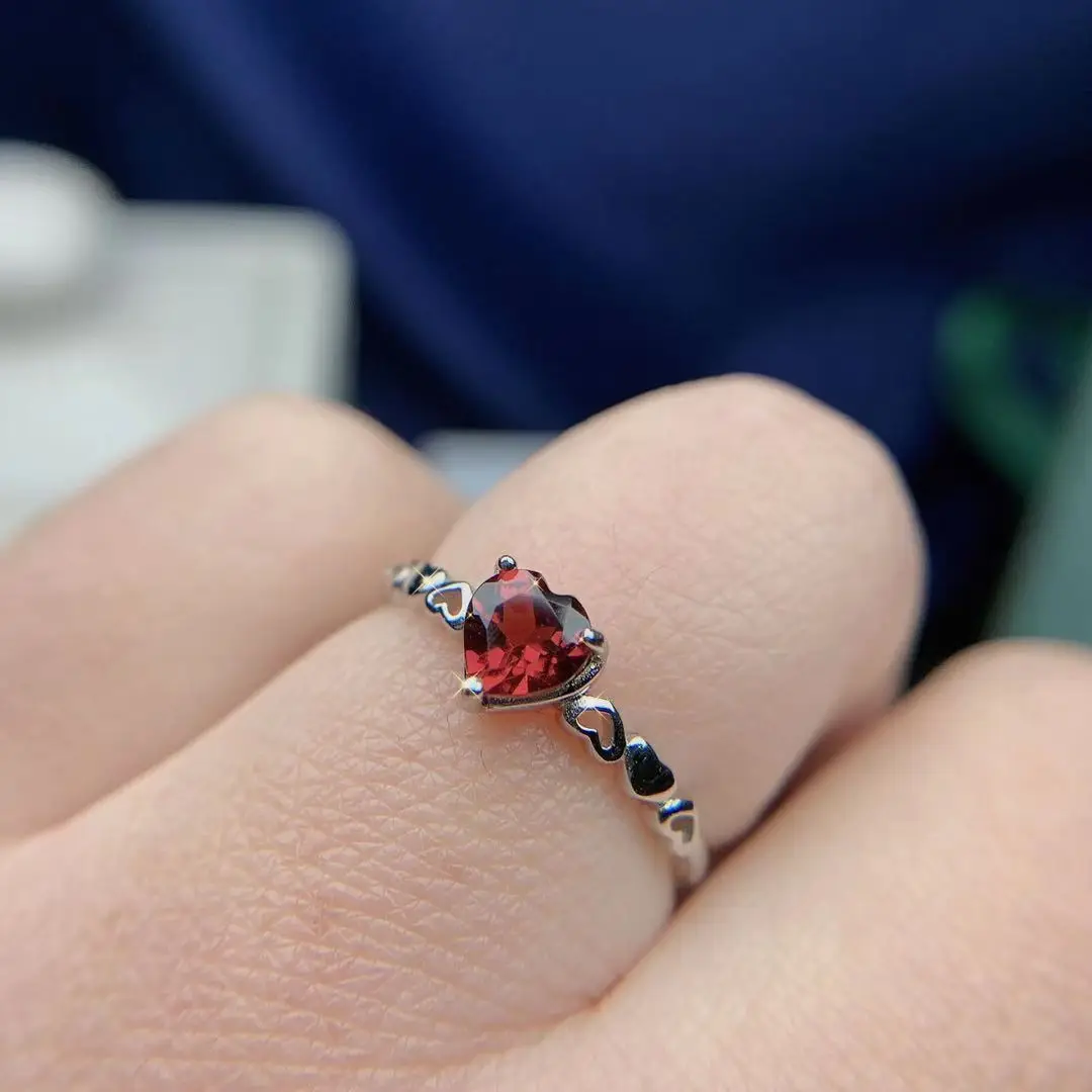 

Fashion Heart Gemstone Ring for Young Girl 5mm Natural Garnet Amethyst Ring Solid 925 Silver Amethyst Garnet Jewelry