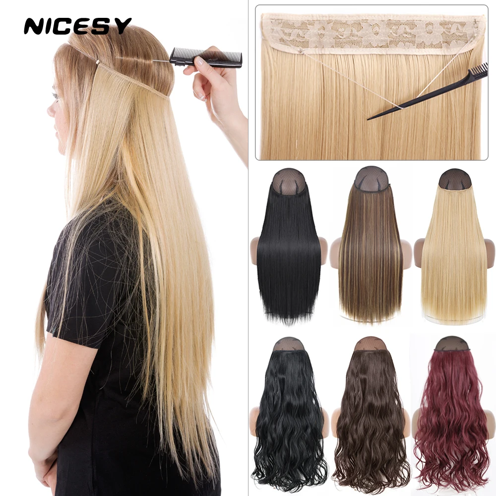 Synthetic No Clips Invisible Wire Hair Extension Artificial Natural Fake False Long Short Straight Hairpiece Blonde For Women